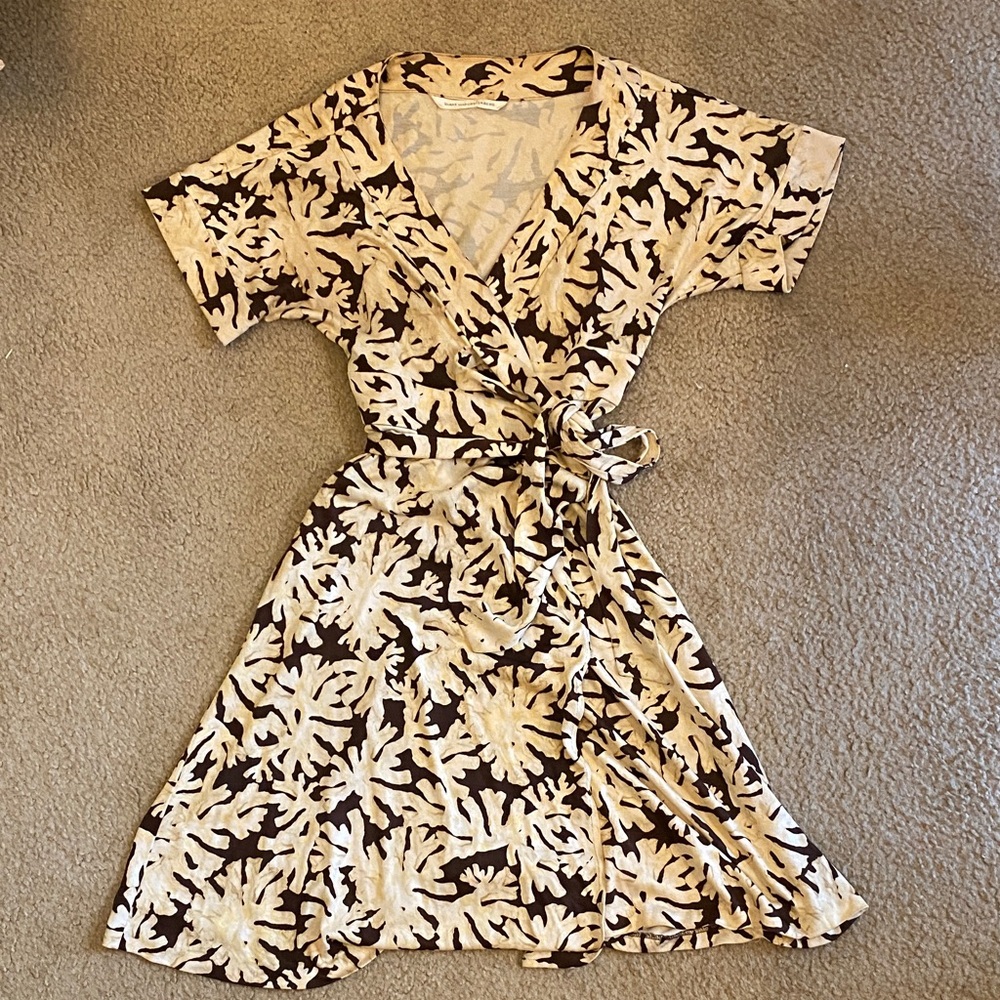 Diane Von Furstenberg Beige and Dark Brown Wrap Midi Dress